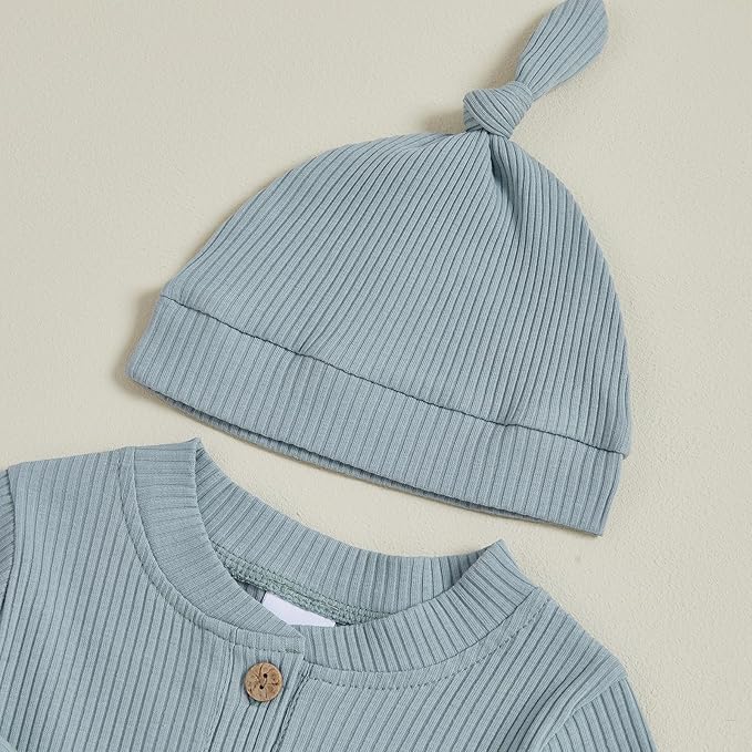 Newborn Baby Boy Clothes Long Sleeve Ribbed Bodysuit Pants Hat 3-Piece Outfit Set