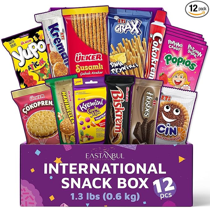 Eastanbul International Snack Box, Premium 12 Full-Size Foreign Snack Box, From Around The World International, Sweet, Savory, Chewy, Crunchy