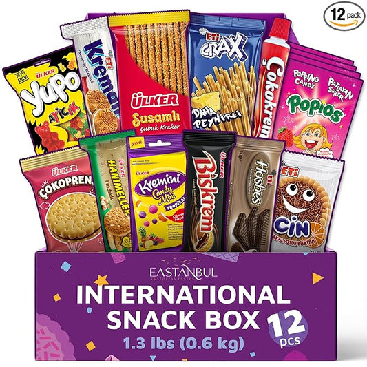 Eastanbul International Snack Box, Premium 12 Full-Size Foreign Snack Box, From Around The World International, Sweet, Savory, Chewy, Crunchy