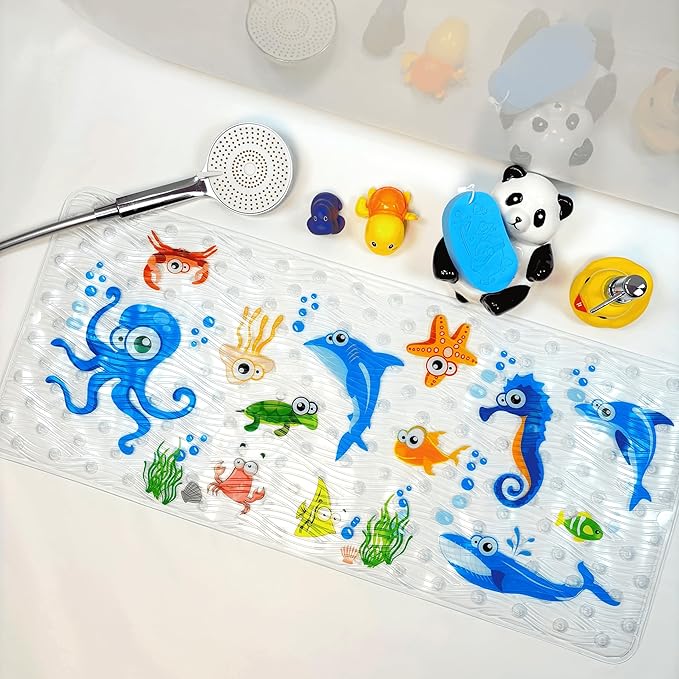 Bath Mats for Tub Kids,Baby Toddler - Large Cartoon Non-Slip Bathroom Bathtub Anti-Slip Shower Mats for Floor 35x15,Machine Washable XL Size Bathroom Mats (Blue-Octopus)