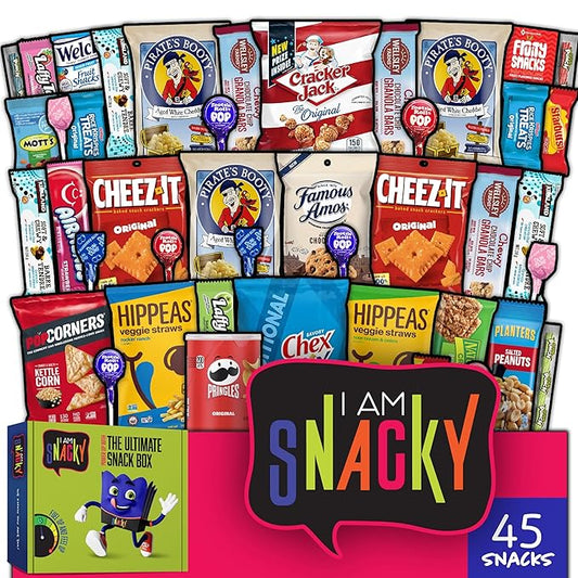 I AM Snacky - Back to School/Off to College Snack Box Variety Pack Care Package + Greeting Card - SNACKY'S FESTIVE FAVES (45 Count) Birthday Sweet Treats Gift Basket, Candies Chips, Office Food Assortments