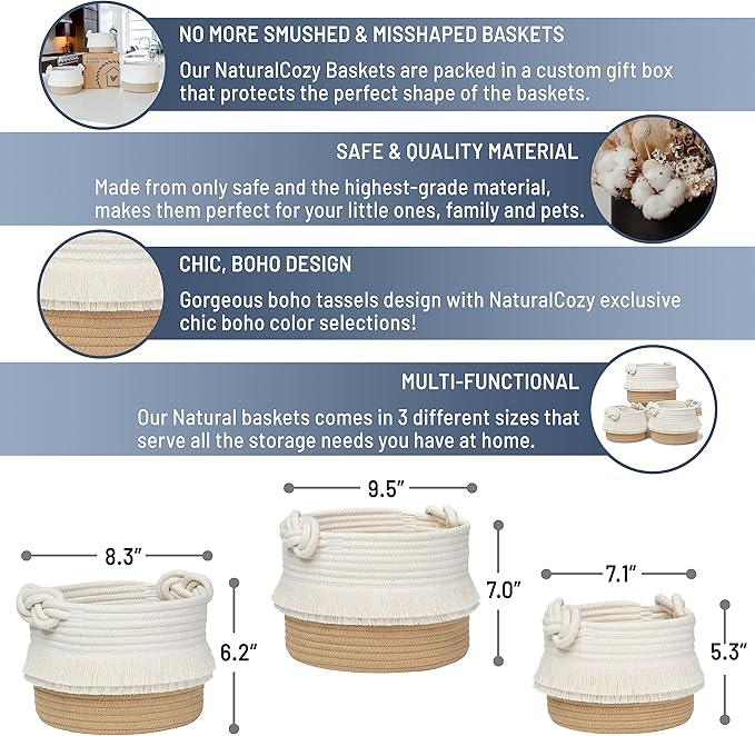 NaturalCozy 3-Piece Decorative Storage Basket Set – Cotton Rope Woven Baskets for Organizing! Small Basket for Nursery Baby Stuff, Gift Basket, Montessori, Dog Toy Bin, Cat Basket, Bathroom Shelves