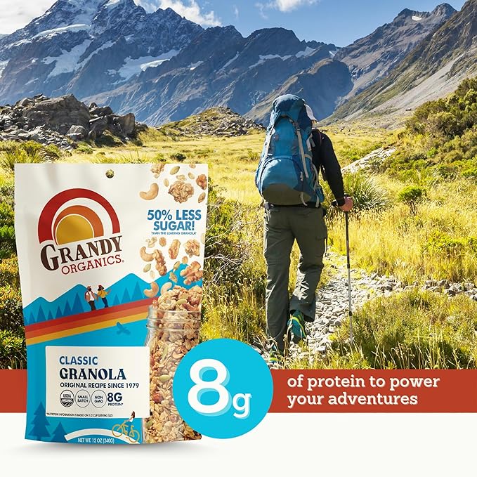 Grandy Organics Classic Granola, Certified Organic Granola Cereal, Low Sugar - Made with Oats, Pumpkin Seeds, Walnuts and Cashews, 12oz Bags, Bulk Pack of 6