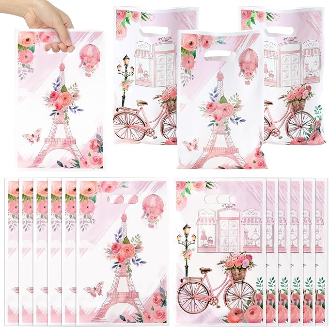 Paris Party Favor Bags 50Pcs Pink Floral Paris Goody Candy Treat Gifts Bags, City Landscape Themed Party Decorations for Kids Girls Women Birthday Wedding Pink Theme Events Supplies