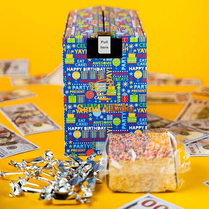 SendaCake Birthday Billionaire Box, Ready to Gift, No Assembly Required - with Music, Sweet Caramels & Delicious 3" Rainbow Sprinkle Dots Cake for Delivery - Gift for Women, Men, Sister, Mom, Dad, Best Friend, Adults, Kids