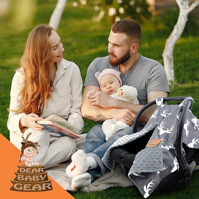 Dear Baby Gear - 40x30 Car Seat Canopy, Infant Carrier Cover for Boys & Girls, Cozy Fall, Nursing & Stroller Use, Newborn Travel Sunshade Accessory, Antlers on Gray, Gray Dot