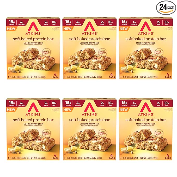 Atkins Soft Baked Protein Bars, Lemon Poppyseed, 15g Protein, 2g Sugar, Excellent Source of Fiber, Low Carb, 6 Packs (4 Bars Each)