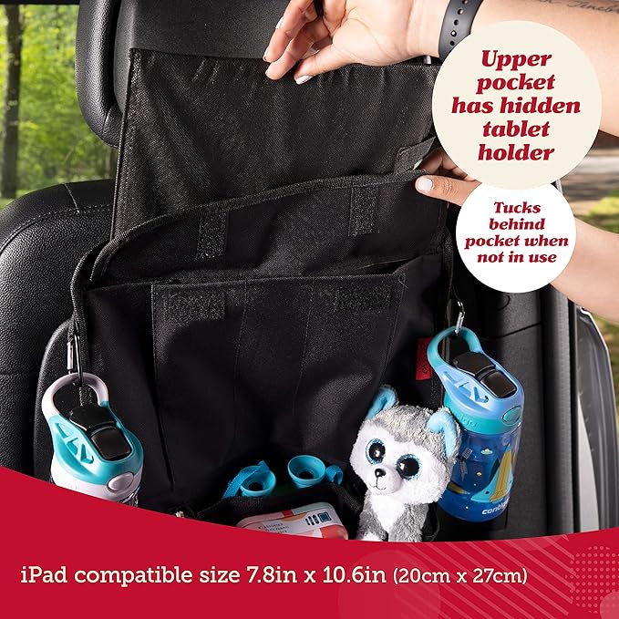 Lusso Gear Heavy Duty Back Seat Car Organizer Extra Large for Powerful Protection, Sag Proof & Reinforced Corners, Protects iPad & Backseat, 12 Versatile Car Seat Organizer Storage Compartments, (Red)