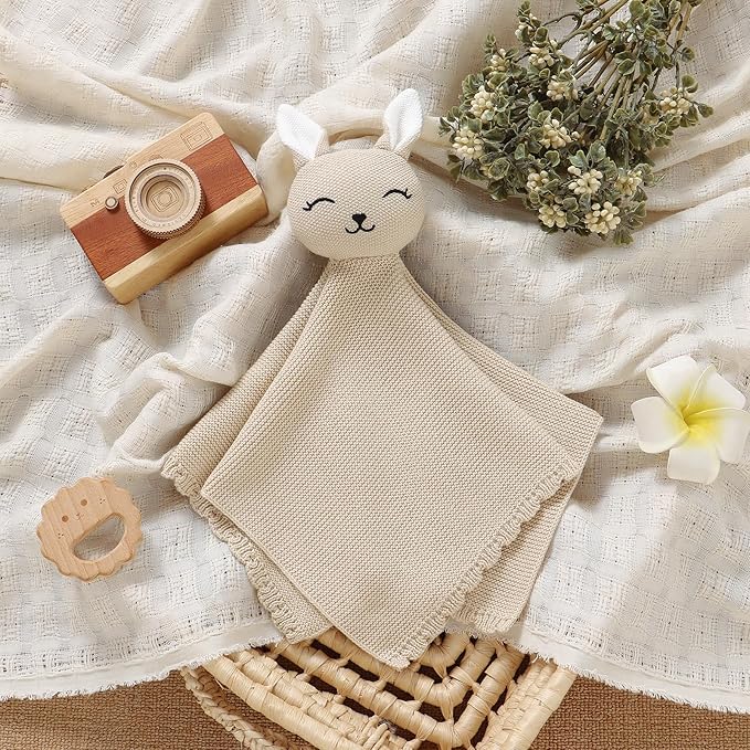 LAWKUL Bunny Lovey Baby Blanket Soft Cuddly Security Blanket Knit Snuggle Comfort for Newborns Toddler Boy Girl Camel 16x16in