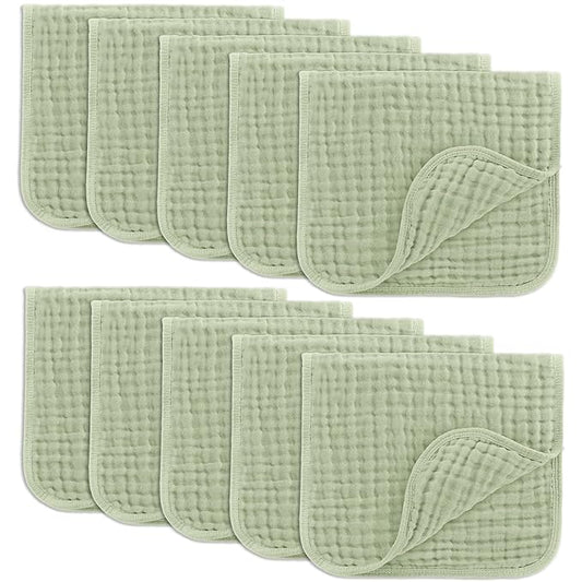 Comfy Cubs Muslin Burp Cloths 20" x 10", Pack of 10 - Large, 6-Layer, Ultra Absorbent 100% Cotton for Baby Drool and Messes - Soft, Safe & Gentle Baby Burp Cloths for Boys & Girls - Sage