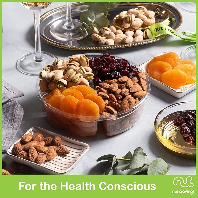 NUT CRAVINGS - Rosh Hashana & Shana Tova Dried Fruit & Mixed Nuts Gift Basket + Green Ribbon (4 Assortments) Food Arrangement, Healthy Snack Care Package, Food Assortments
