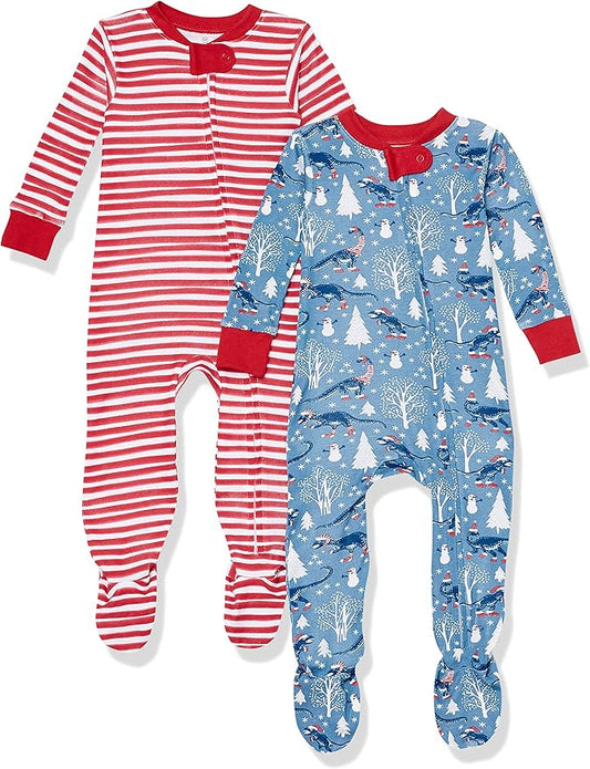 HonestBaby Non-Slip Footed Holiday Pajamas One-Piece Sleeper Zip-Front PJs Organic Cotton for Baby Boys, Girls, Unisex