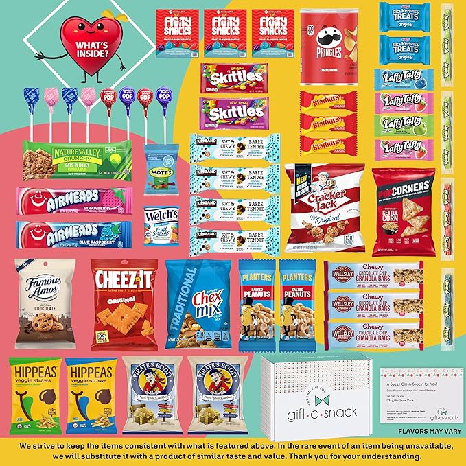 Gift A Snack - Back to School/Off to College Snack Box Variety Pack Care Package + Greeting Card (50 Count) Birthday Sweet Treats Gift Basket, Candies Chips Crackers Bars, Office Food Assortments