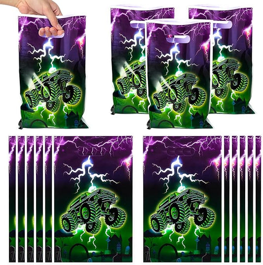 Green Purple Monster Truck Party Favor Bags - 50Pcs Monster Truck Goody Candy Treat Gifts Bags, Green Purple Racing Car Themed Party Decorations for Kids Boys Girls Birthday Supplies