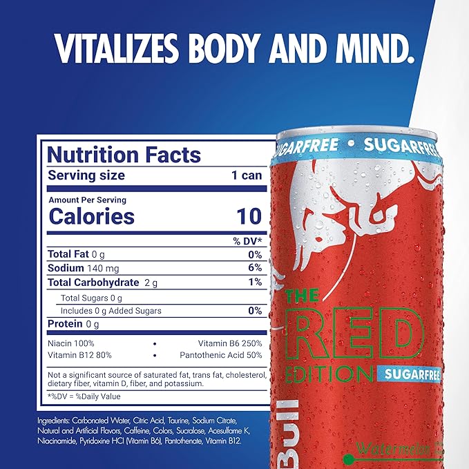 Red Bull Red Edition Sugar Free Energy Drink, Watermelon, with 80mg Caffeine plus Taurine & B Vitamins, 8.4 Fl Oz, 6 Packs of 4 Cans (Pack of 24)