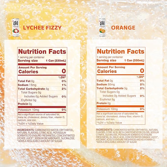 CHI FOREST Sparkling Water Beverage, Lychee & Orange drinks, Zero Sugar or Artificial Flavor, 11.16 fl oz Cans (Pack of 12)