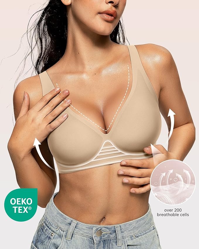 OEAK Womens Deep V Bras Wireless Comfortable Bra Supportive No Underwire Bras Tshirt Push Up Bralettes Plunge Seamless Bra