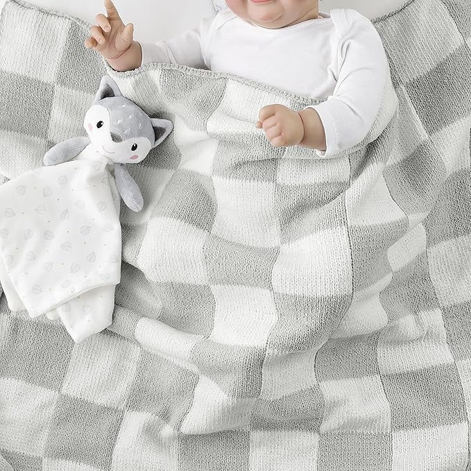 CREVENT 30"X40" Cozy Soft Warm Chenille Baby Blanket for Girls Boys, Newborn Essentials for Infant, Baby Shower Receiving Gift - Checked Grey 75X100cm