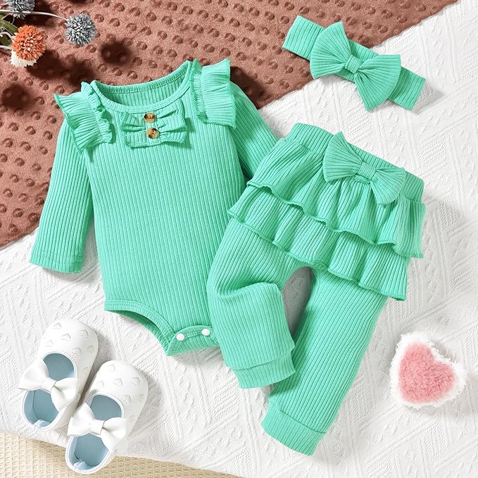 Aalizzwell Preemie Newborn Infant Baby Girls Clothes Ribbed Bodysuit Pants Set Fall Winter Outfits