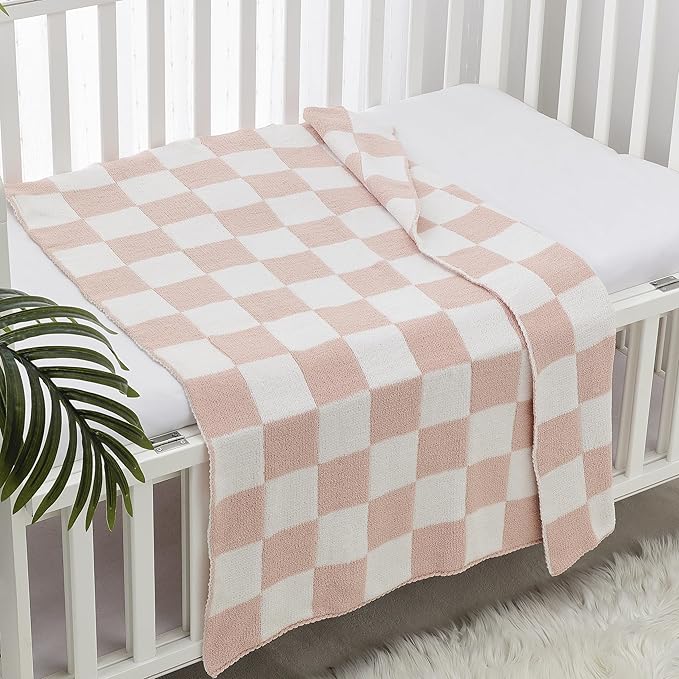 CREVENT 30"X40" Cozy Soft Warm Chenille Baby Blanket for Girls Boys, Newborn Essentials for Infant, Baby Shower Receiving Gift - Checked Pink 75X100cm