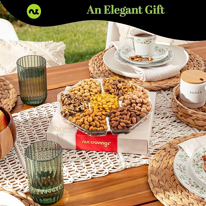 NUT CRAVINGS - Mixed Nuts Gift Basket in Red Gold Classic Box (7 Assortments, 1 LB) Food Arrangement, Healthy Snack Care Package, Food Assortments