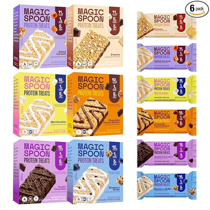 MAGIC SPOON Treats - High Protein Bars, Low Carb, Keto Friendly, 1g of Sugar, Gluten Free, Crispy Treat Cereal Bar, On-The-Go Healthy Snack (1 of each Marshmallow, Chocolate PB, Blueberry Muffin, Double Chocolate, Smores, Salted Caramel)