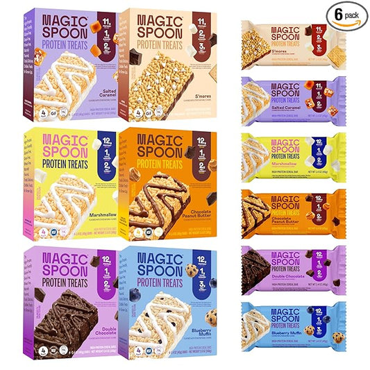 MAGIC SPOON Treats - High Protein Bars, Low Carb, Keto Friendly, 1g of Sugar, Gluten Free, Crispy Treat Cereal Bar, On-The-Go Healthy Snack (1 of each Marshmallow, Chocolate PB, Blueberry Muffin, Double Chocolate, Smores, Salted Caramel)