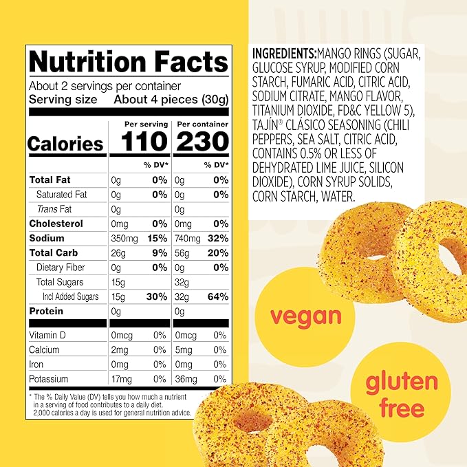 Snak Club Tajin Mango Rings Gummy Candy, Fruit Candy Gummies with Chili and Lime Seasoning, Mild, Gluten-Free and Vegan Snacks, 2.25 oz Snack Bags, 12 Pack