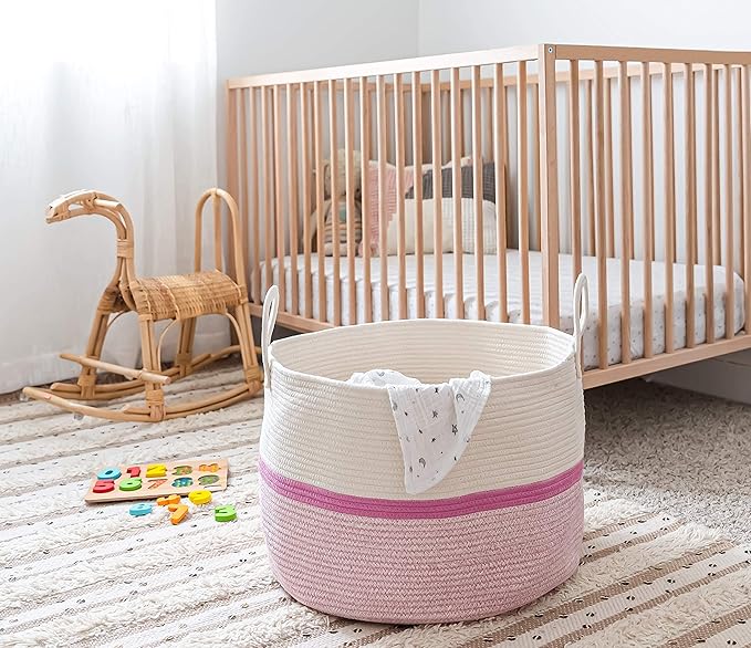 OrganiHaus Boho Woven Basket for Blankets and Laundry, Decorative Large Storage Bin for Living Room, Nursery Basket for Toys & Clothes, Soft Cotton Rope with Handles 20x13 inches - Striped Pink
