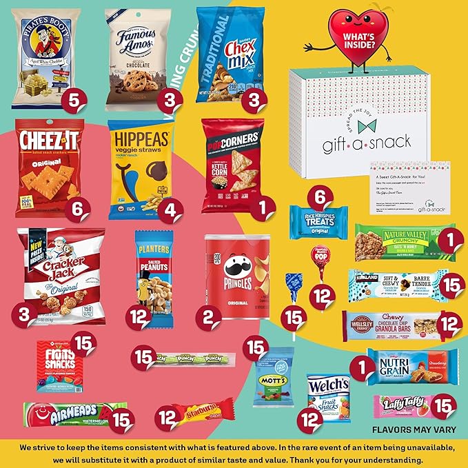 Gift A Snack - Back to School/Off to College Snack Box Care Package Variety Pack + Greeting Card (200 Count) Birthday Sweet Treats Gift Basket, Candies Chips Crackers Bars, Office Food Assortments