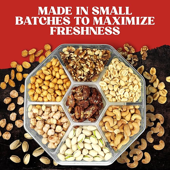 Nuts Gift Basket - 7 Sectional Platter With a Variety of Freshly Roasted Nuts - Beautifully Packaged Gift for Birthday, Sympathy. Large Family Pack.