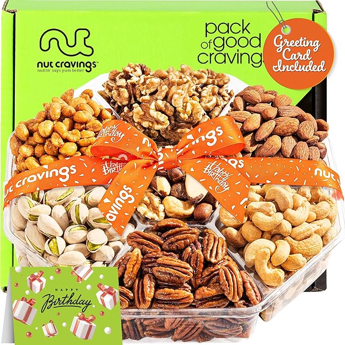 NUT CRAVINGS Gourmet Collection - Happy Birthday Treats, Nuts Gift Basket with Bday Ribbon (7 Assortments) Food Platter, Healthy Snack Care Package, Food Assortments