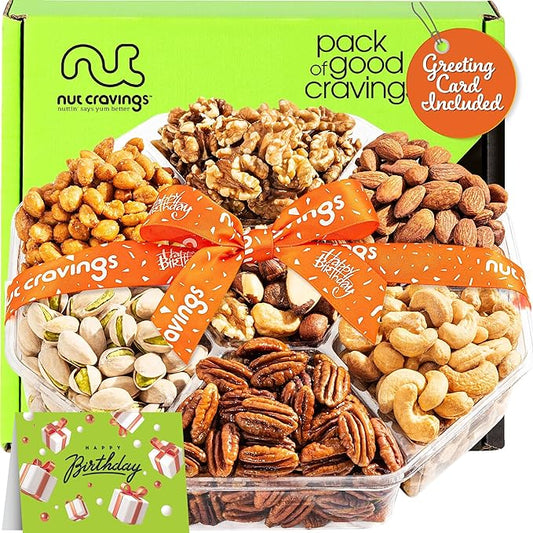 NUT CRAVINGS Gourmet Collection - Happy Birthday Treats, Nuts Gift Basket with Bday Ribbon (7 Assortments) Food Platter, Healthy Snack Care Package, Food Assortments