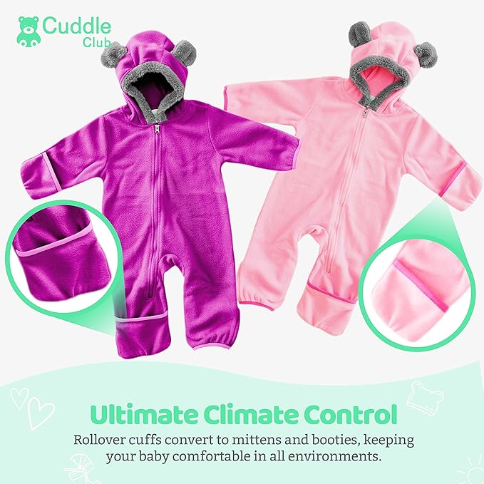 Cuddle Club Fleece Baby Bunting Bodysuit with Hood, Convertible Mittens & Booties, Car Seat Friendly, Soft & Warm, Easy Zip