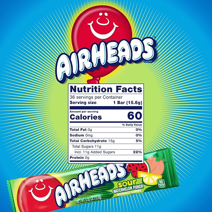 Airheads Sour Mini Halloween Trick or Treat Taffy Candy Bars, Watermelon Punch Flavored, Individually Wrapped Candy for Adults & Kids, Treat Bags & Party Favors, 36 Bars