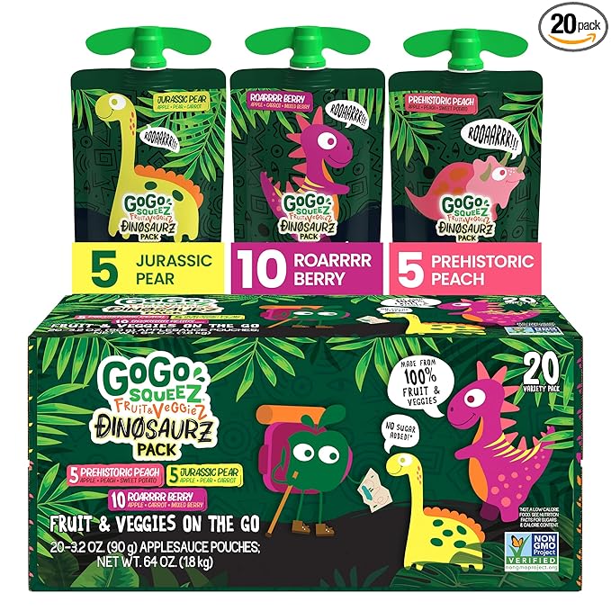 GoGo squeeZ Fruit & veggieZ Applesauce and Puree Variety Pack, Jurassic Pear, Roarrrr Berry & Prehistoric Peach, 3.2 oz (Pack of 20), Unsweetened Snacks for Kids, BPA Free Pouches