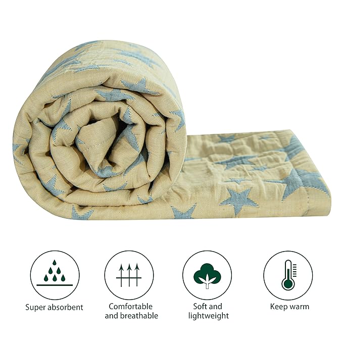 NTBAY 3 Layer Toddler Blanket, Muslin Cotton Jacquard Bed Blankets, Lightweight Thermal Baby Blanket, Super Soft and Warm Crib Blanket for All Seasons, Decoration Gift, 30"x40", Blue and Yellow Star