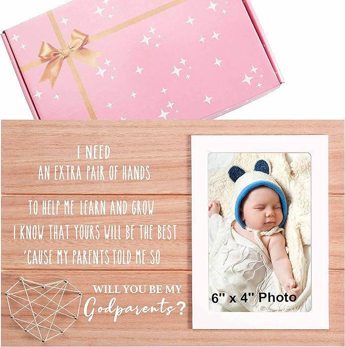 Godparents Proposal Gift-Will You Be My Godparents-Godmother Godfather Photo Frame from Godchild-Baptism Gift-First Communion Confirmation Religious Proposal Presents-Wooden Picture Frame