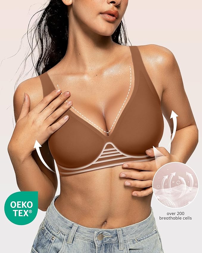 OEAK Womens Deep V Bras Wireless Comfortable Bra Supportive No Underwire Bras Tshirt Push Up Bralettes Plunge Seamless Bra
