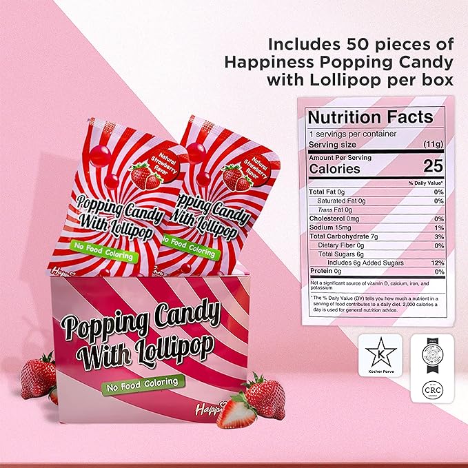 Happiness USA 50 Pack Pop Rock Candy with Dip Lollipops Individually Wrapped | All Natural Dye Free Suckers & Strawberry Candy Rocks No Artificial Colors or Flavors | Non Dairy Birthday Party Favors