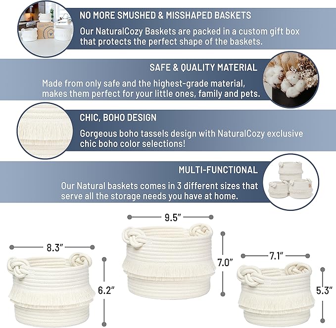 NaturalCozy 3-Piece Decorative Storage Basket Set – Cotton Rope Woven Baskets for Organizing! Small Storage Bins for Nursery Baby Stuff, Gift, Montessori, Dog Toy Bin, Cat Toys, Bathroom Shelves