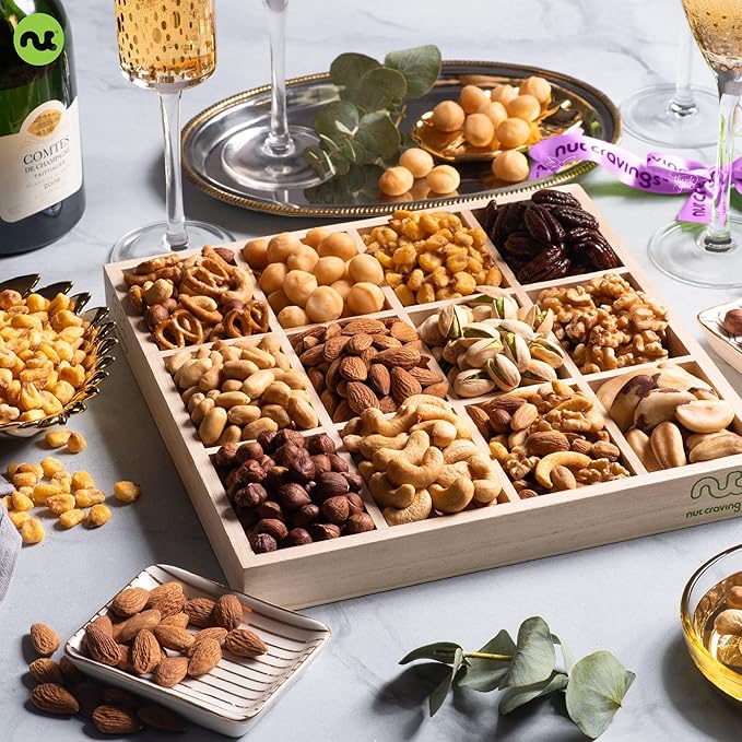 NUT CRAVINGS Gourmet Collection - Thinking of You, Nuts Gift Basket with Thinking of You Ribbon + Greeting Card in Reusable Wooden Tray (12 Assortments) Food Arrangement, Healthy Snack, Food Assortments