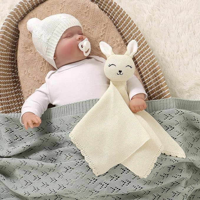 LAWKUL Bunny Lovey Baby Blanket Soft Cuddly Security Blanket Knit Snuggle Comfort for Newborns Toddler Boy Girl White 16x16in