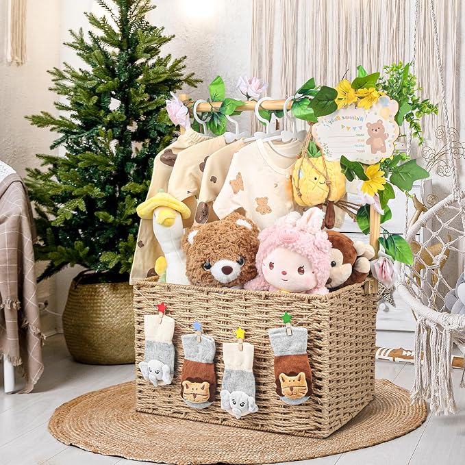 Wooden Woven Baby Shower Crate – Foldable Storage Basket with Handles, Handwoven Gift Box for Baby Shower & Newborn Essentials, Welcome Gift for Baby Shower, Newborn Boys Girls