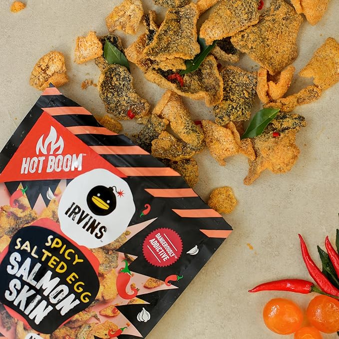 IRVINS Hot Boom Spicy Salted Egg Salmon Skin Chips Crisps | Premium Hand Cooked | Halal | High Protein | Keto-Friendly | 3.7 oz (Pack of 6)
