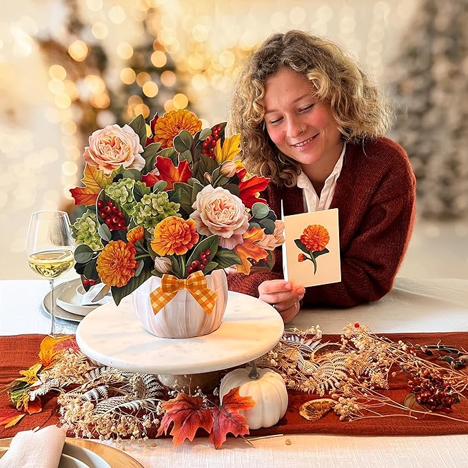 Freshcut Paper Pop Up Cards, Pumpkin Spice, 12 Inch Life Sized Forever Flower Bouquet 3D Popup Greeting Card, Autumn Cards, Birthday Card, Blank Notecard & Envelope