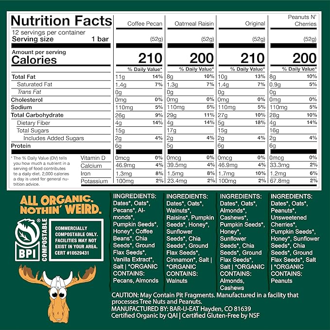 BAR-U-EAT Gluten-Free, Organic, Soft & Chewy Energy Bar. Real Food | Seed Oil Free | No Artificial Sugar | Compostable Packaging | Healthy Snacks (Variety 12 Pack)