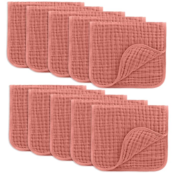 Comfy Cubs Muslin Burp Cloths 20" x 10", Pack of 10 - Large, 6-Layer, Ultra Absorbent 100% Cotton for Baby Drool and Messes - Soft, Safe & Gentle Baby Burp Cloths for Boys & Girls - Dusty Rose