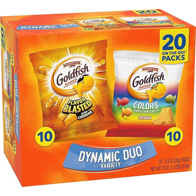 Goldfish Dynamic Duo Variety Pack, Colors Cheddar & Flavor Blasted Xtra Cheddar, Snack Packs, 20 Ct