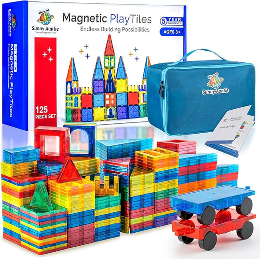 Magnetic Tiles 125 PCS+ Bonus Zippered CASE, Kids Toy for 3 4 5 6 7 8 Year Old Boys & Girls, Magnetic Tiles Building Set, Great Gift for Kids Aged 3-8, XL Set